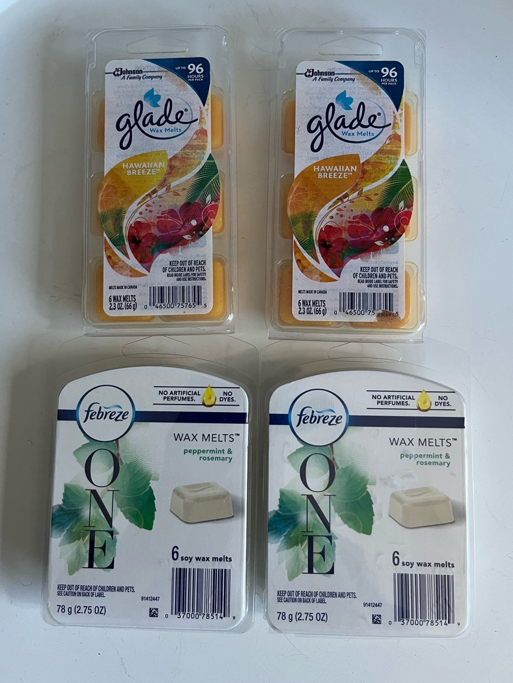 NEW 4 Packages GLADE and FABREZE Wax Melts Hawaiian Breeze And Peppermint Scent